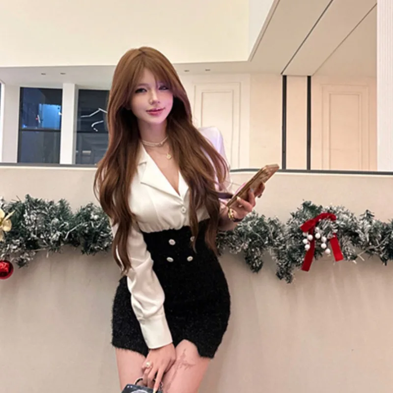 Sexy cintura alta iny satén irt Dr falso falda ortopé de dos piezas ajuste y llamarada V-Ne largo Sve mujer Otoño Invierno nuevo...