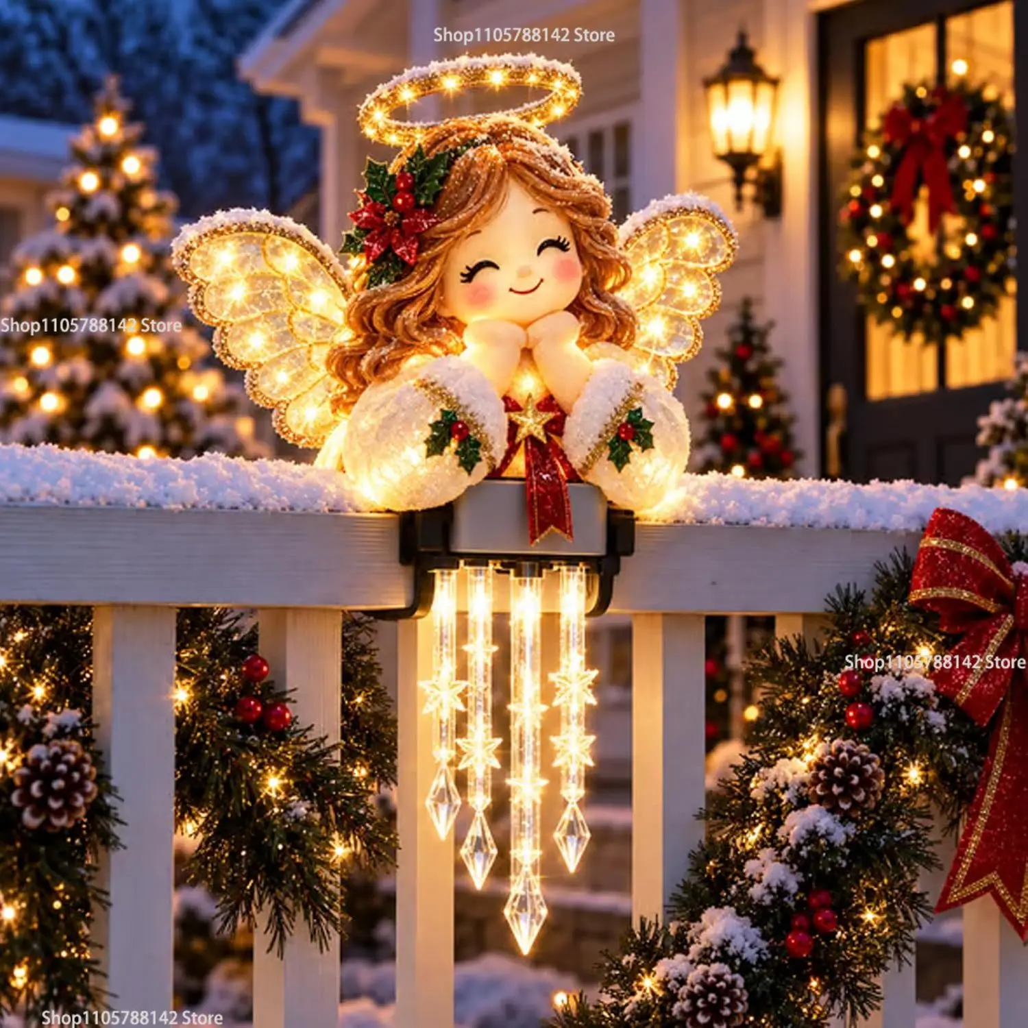 Winter Glow Angel Icicle Light Decor,Christmas Character Railing Lights Outdoor Home Decorations Hanging Holiday for Porch