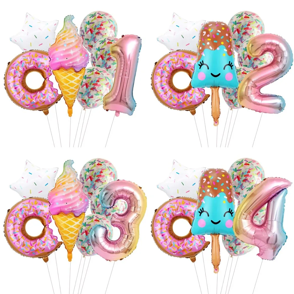 7-teiliges Set Candy Donut Eiscreme Folienballons mit Bunten Konfetti-Ballons 1-9 Jahre Kinder Geburtstagsparty Baby-Shower Dekoration Geschenk
