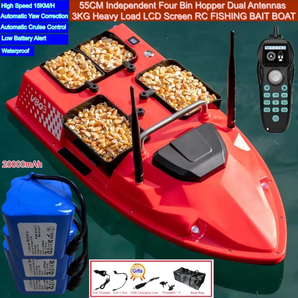 New 55CM Extra Large High Speed 15KM/H Remote Control Fishing Bait Boat 500m 4 Hoppers Nesting Boat 3kg Loading Night Light