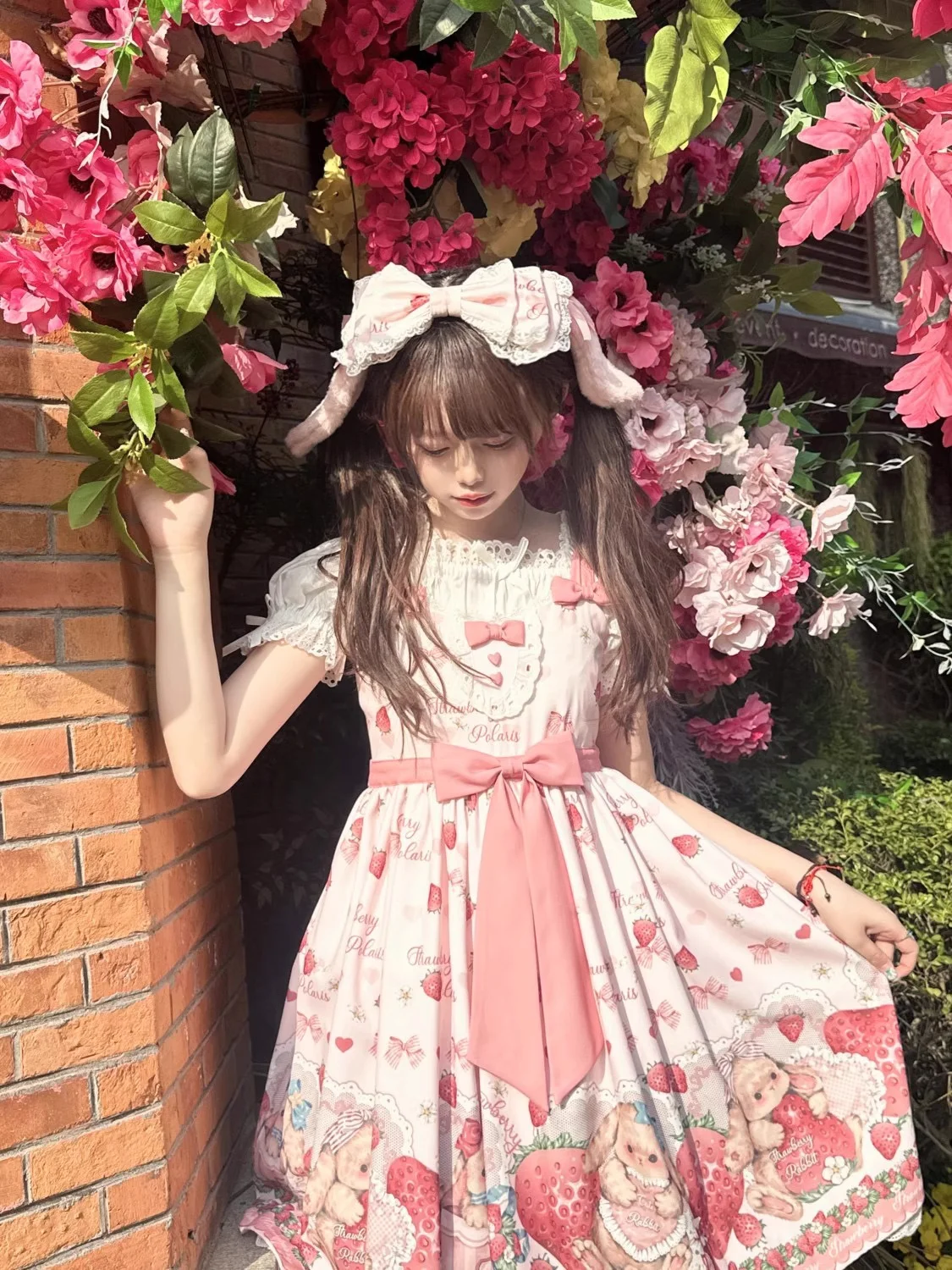 

SOIOMES Retro Lolita Strap Skirt Set Rabbit Strawberry Printed Pink Sweet Skirt JSK Dress Summer Girl