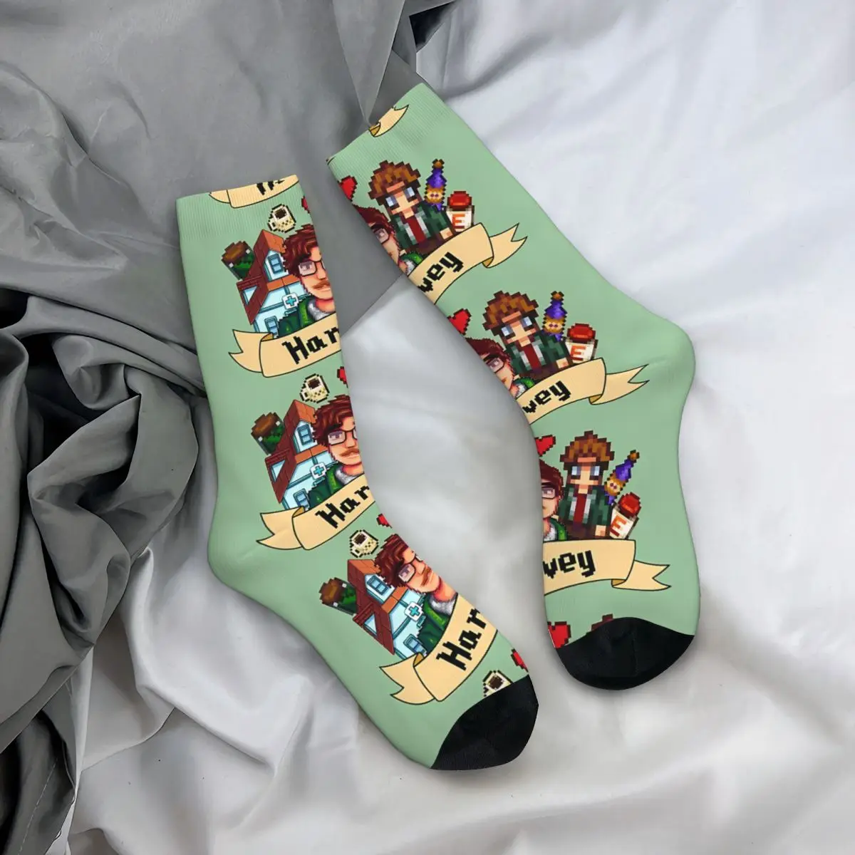 Funny Crazy compression Harvey Sock for Men Hip Hop Vintage Stardew Valley Happy Seamless Pattern Printed Boys Crew Sock