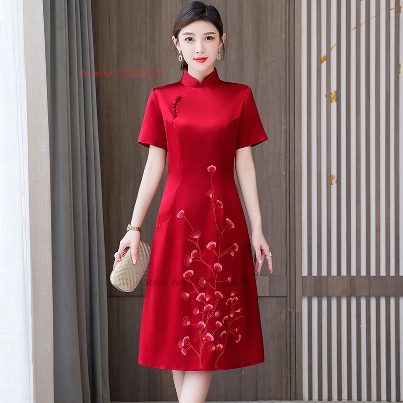 

2024 chinese improved qipao cheongsam dress national flower embroidery wedding qipao oriental banquet evening dress vestido