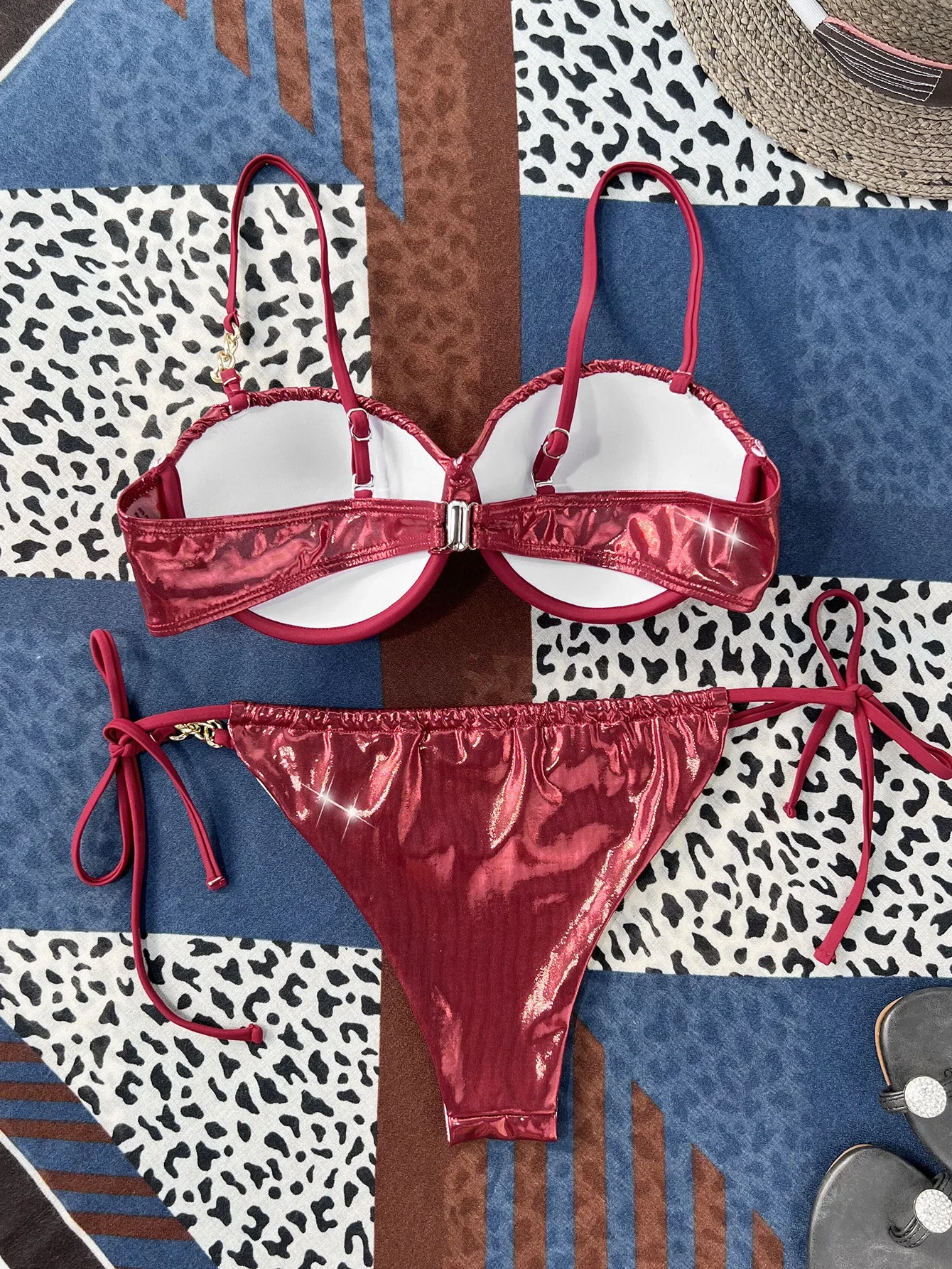Wine Red Shiny Swimsuit 2025 Women 2-piece Glossy Bikini Sexy Pleated Thong Underwire Push Up Swimwear Suspender Bathing Suit