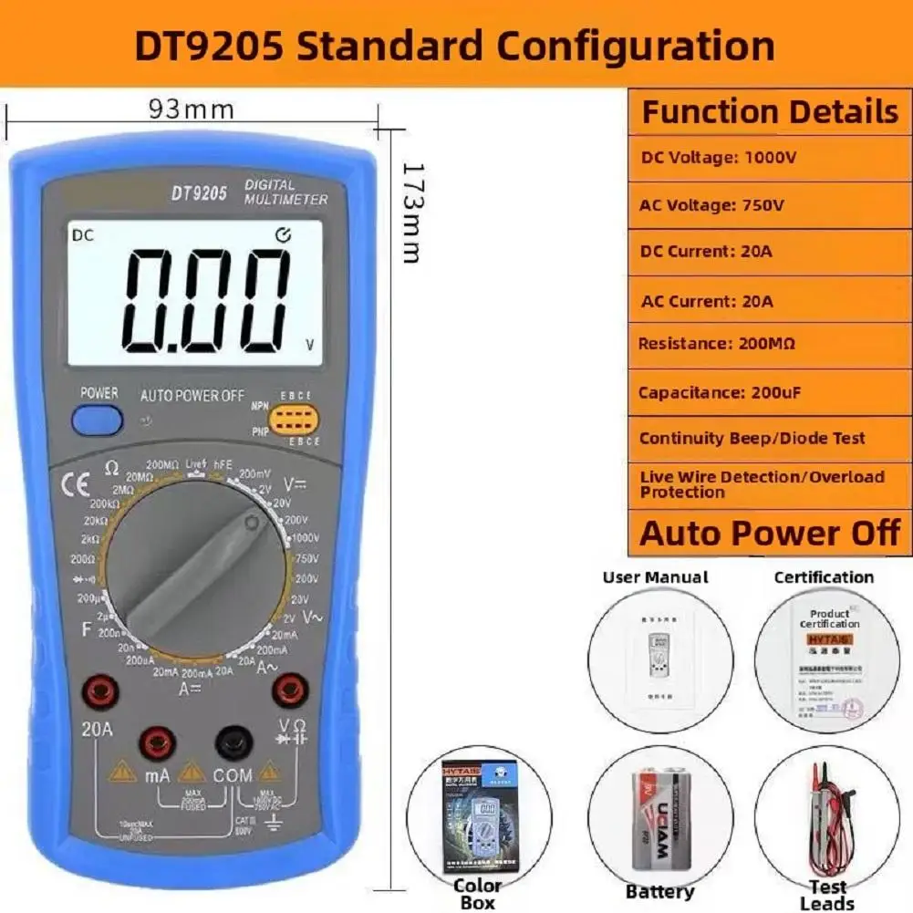 DT9205 Digital Multimeter with Continuity Test Buzzer Diode Check HFE Transistor Test and Low Power Consumption Design