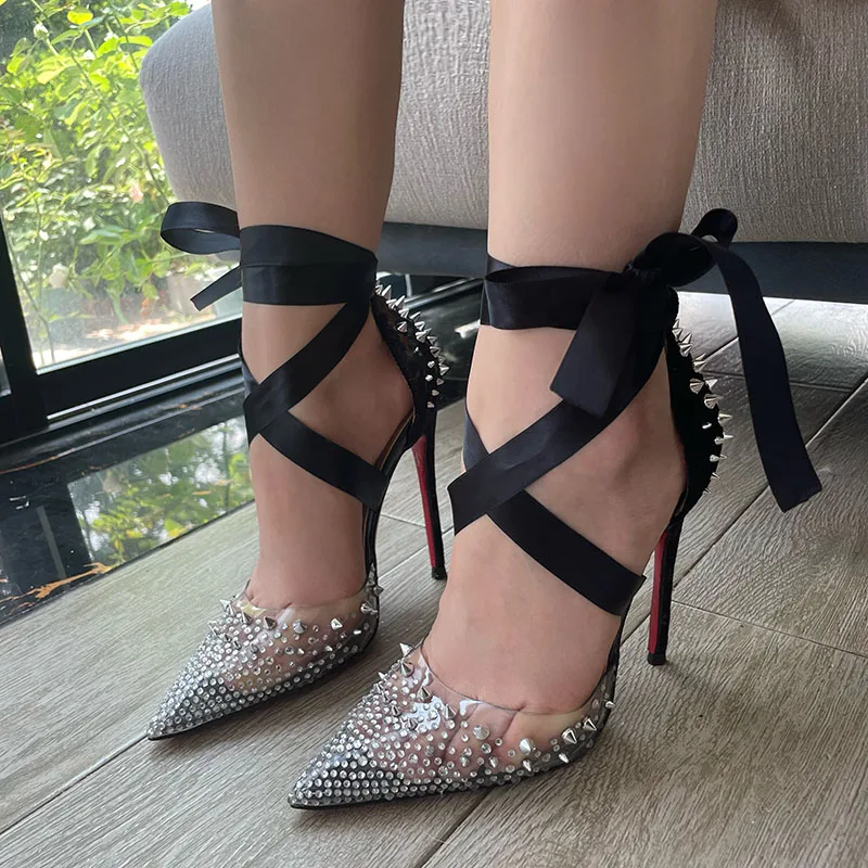 Rivet black leopard print pointed sexy ribbon PVC transparent rhinestone fine heel women's super high heels single shoe