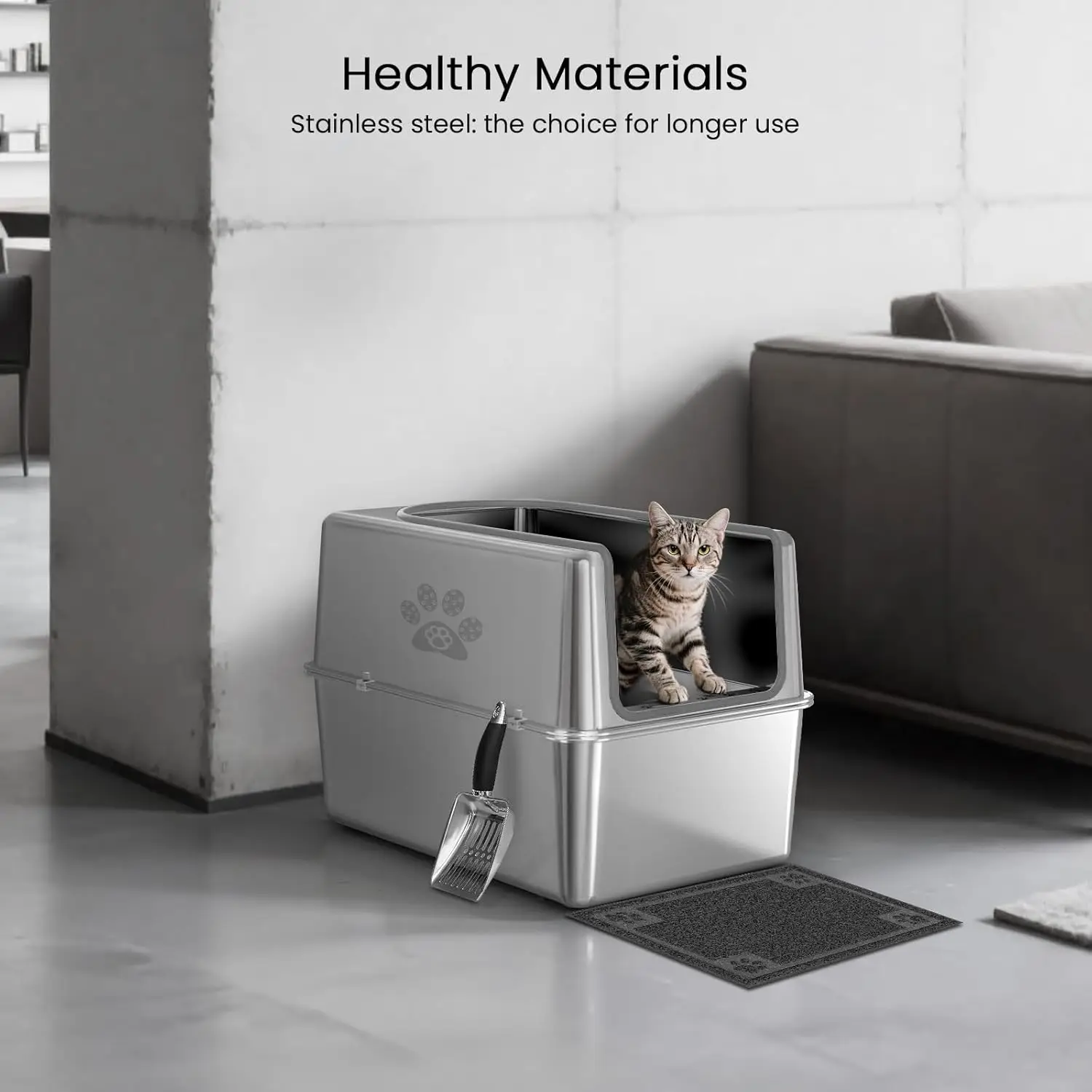 

Enclosed Stainless Steel Cat Litter Box with Lid, XL Metal Litter Box for Big Cats, Extra Large Cat Toilet with High Side