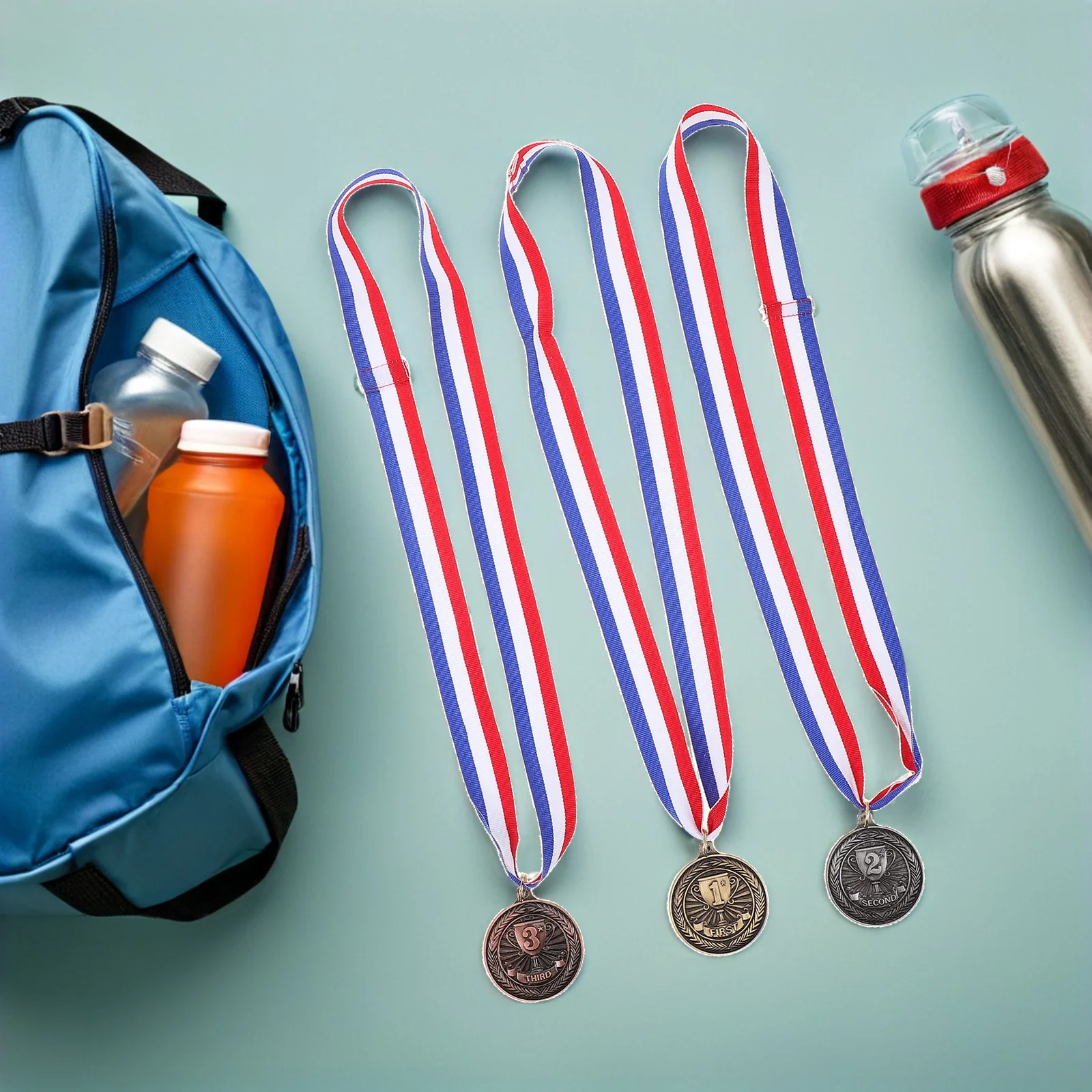 12Pcs Gold Silver Bronze Award Medals Neck Ribbons Kids Sports Prizes Student School Events Marathon Cycling Medal