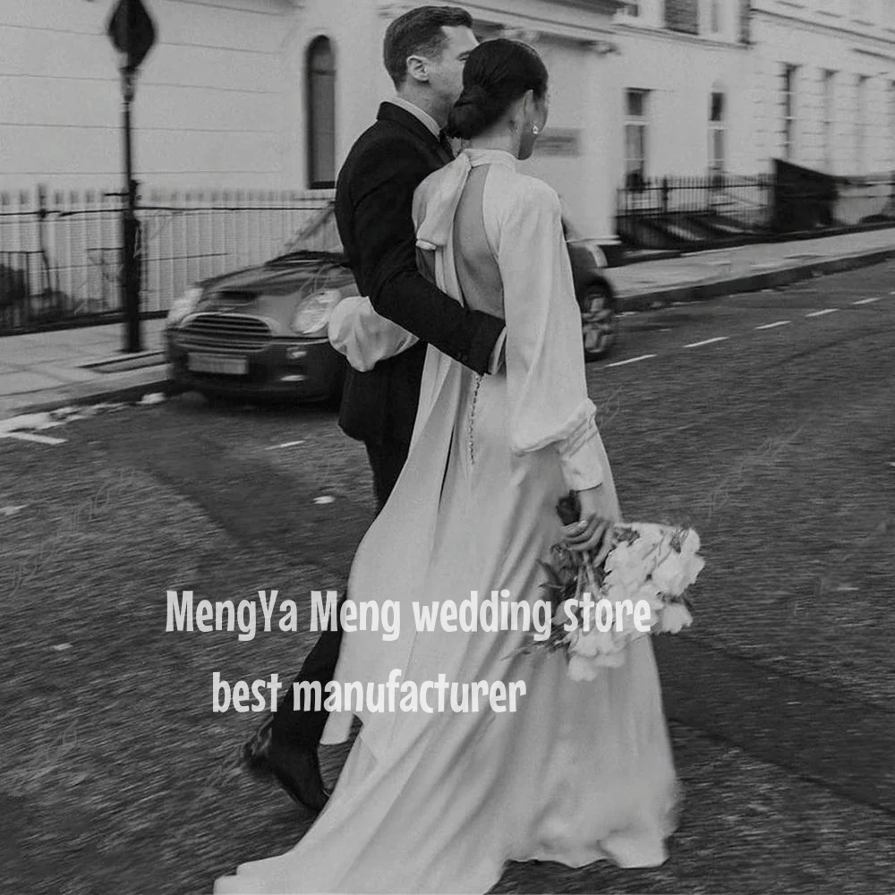 Love Elegant Long Puffy Sleeves Slik Pleated Wedding Dress Sexy A-Line Open Back High Neck Floor Length ribbon Simple Customized