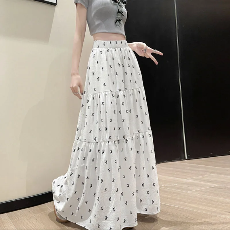 

2025 New White Floral Long Skirt Women Streetwear High Waist Bow Printed Mid Length Skirts Female Vintage Patchwork A-Line Skirt