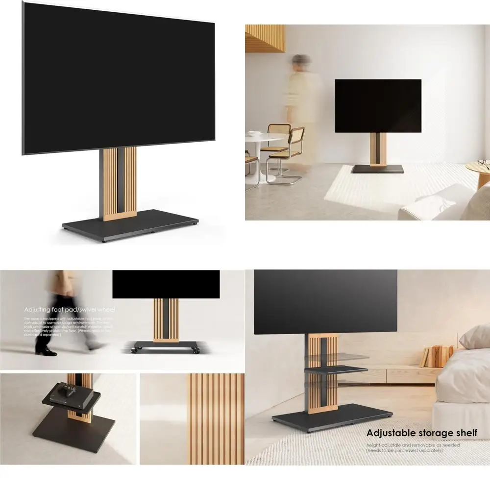 Soporte para TV giratorio de estilo escandinavo con almacenamiento oculto para televisores de 55-88 pulgadas, diseño de montaje en piso alto