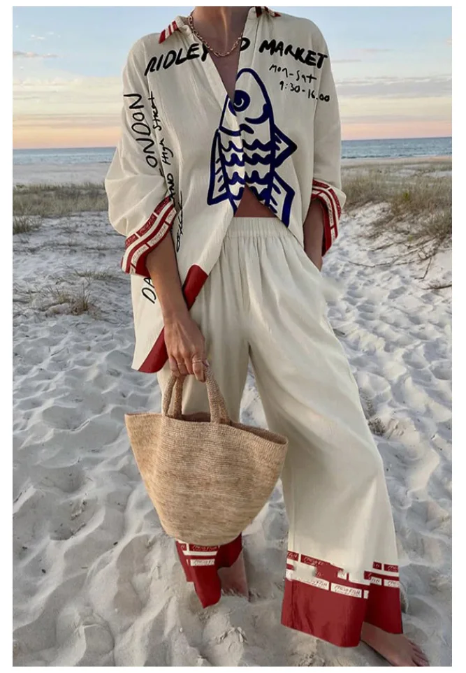 

Fashion Print Beach Holiday 2-Piece Set Women Spring Summer Long Sleeve Shirt Top + Wide Legs Women's Oversized Two-Piece Outfit