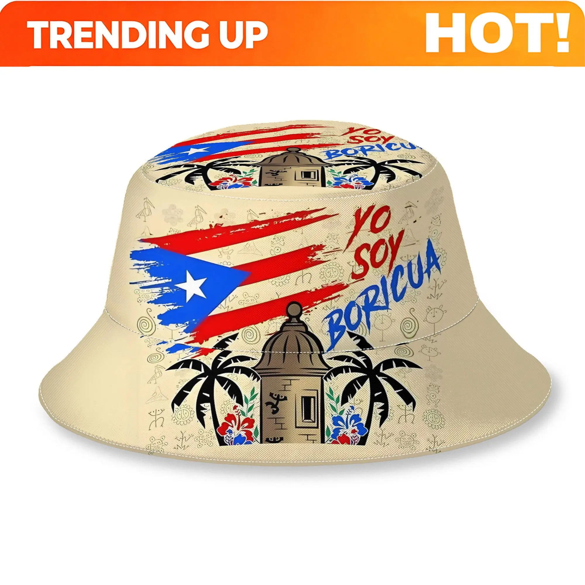 Customization Puerto Rico Cultural Poster Pattern With Flag & Fortress Motif Printed Bucket Hat, Unisex Casual Sun Hat, All-matc