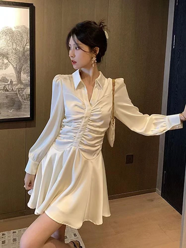 Minivestido elegante francés para mujer, Vestidos ajustados de manga larga con pliegues y cuello en V, moda estética lisa, Vestidos de oficina para mujer