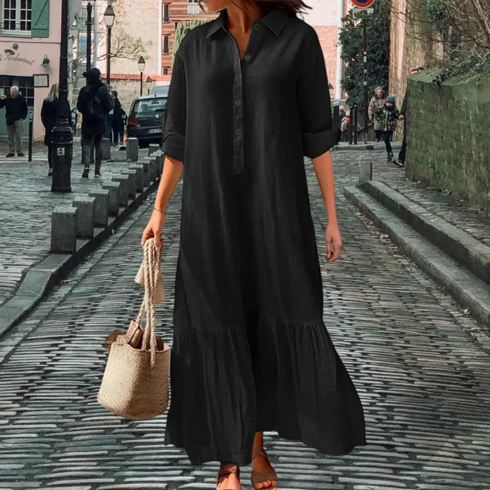 chinese dress ladies Blue Melange Loose Linen Maxi Dress from NikkaPlace