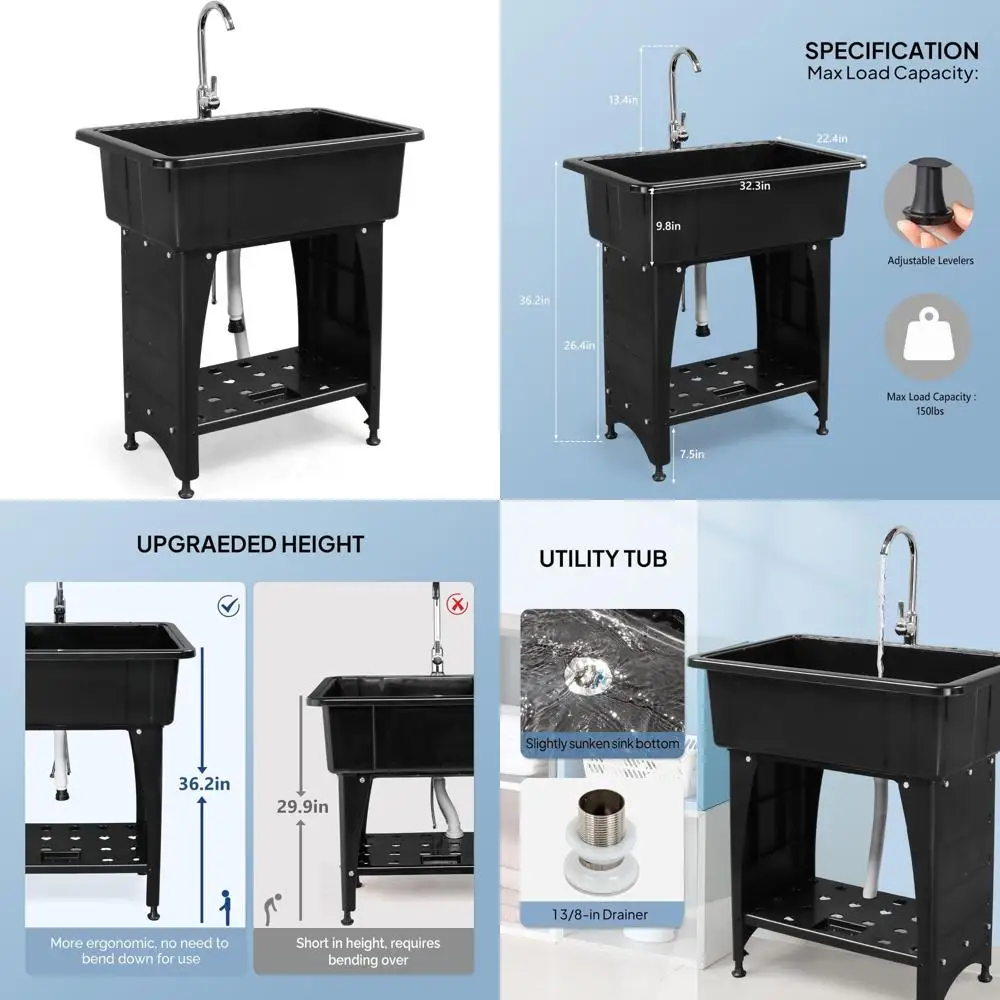 

Черная пластиковая универсальная мойка на 20 галлонов с краном для горячей и холодной воды, грузоподъемность 150 фунтов, улучшенная высота, идеально подходит для стирки и очистки.