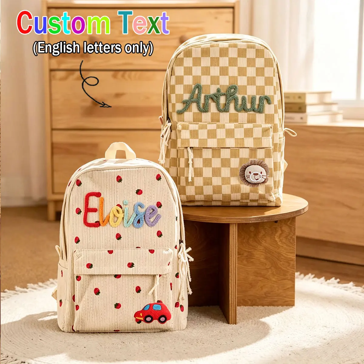 [Personalised Name] Personalised rucksack, strawberry/check print, lightweight and spacious travel rucksack, birthday present