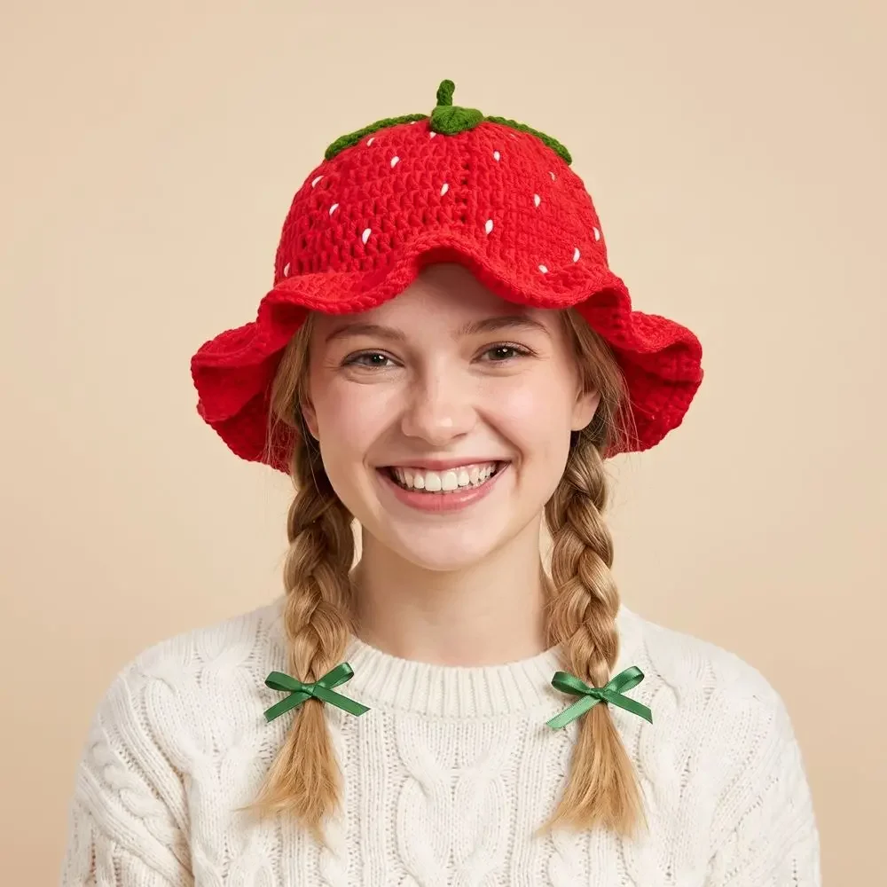 Fashion Ruffle Strawberry Knitted Hat orange Fruit Shaped Knitted Bucket Hat Warm Soft Knit Fisherman Hat Winter Autumn