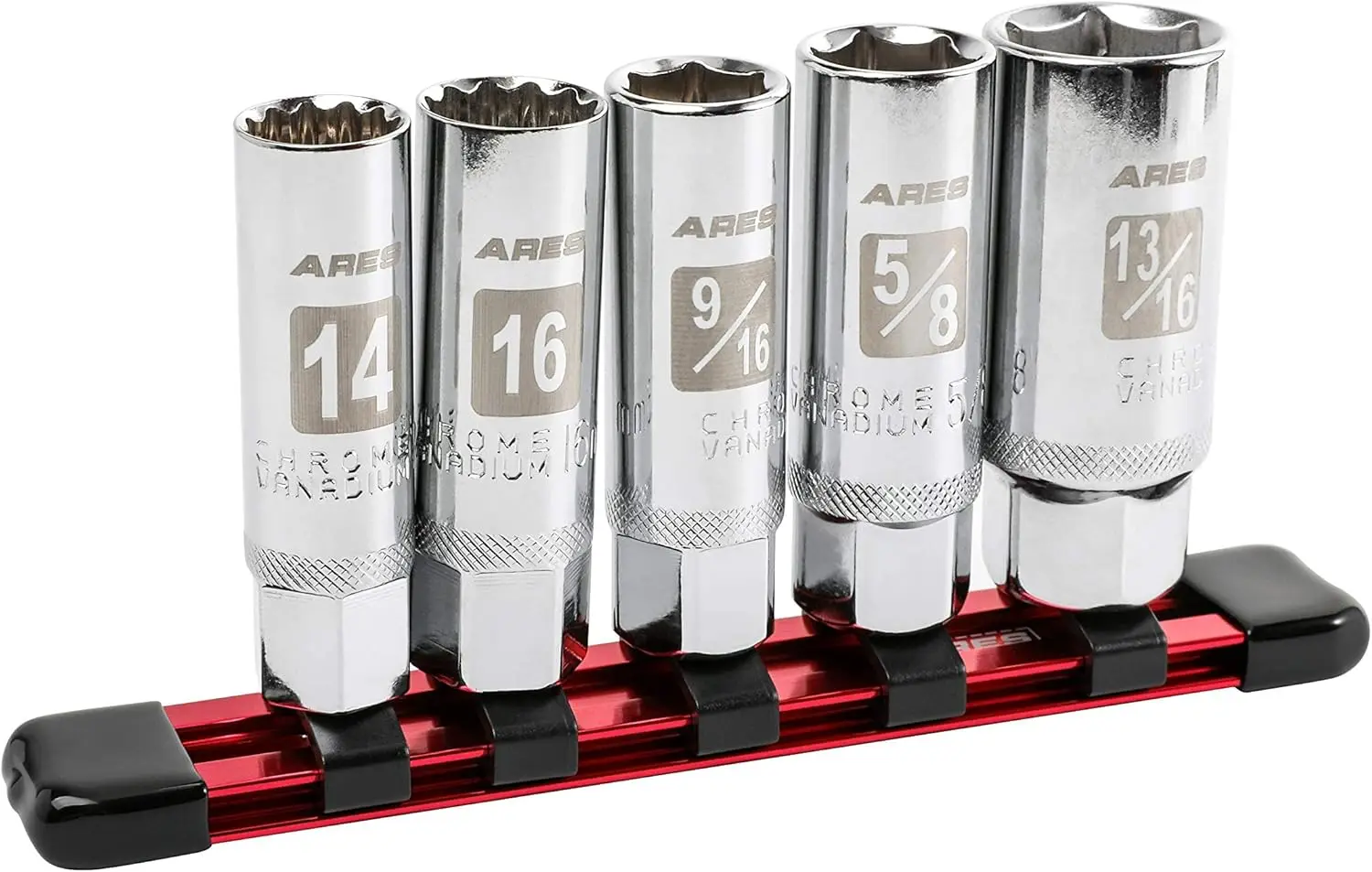 

5-Piece Magnetic Spark Plug Socket Set with Thin Wall Sockets in 14mm, 16mm, and SAE sizes - Includes Reusable Storage Rail