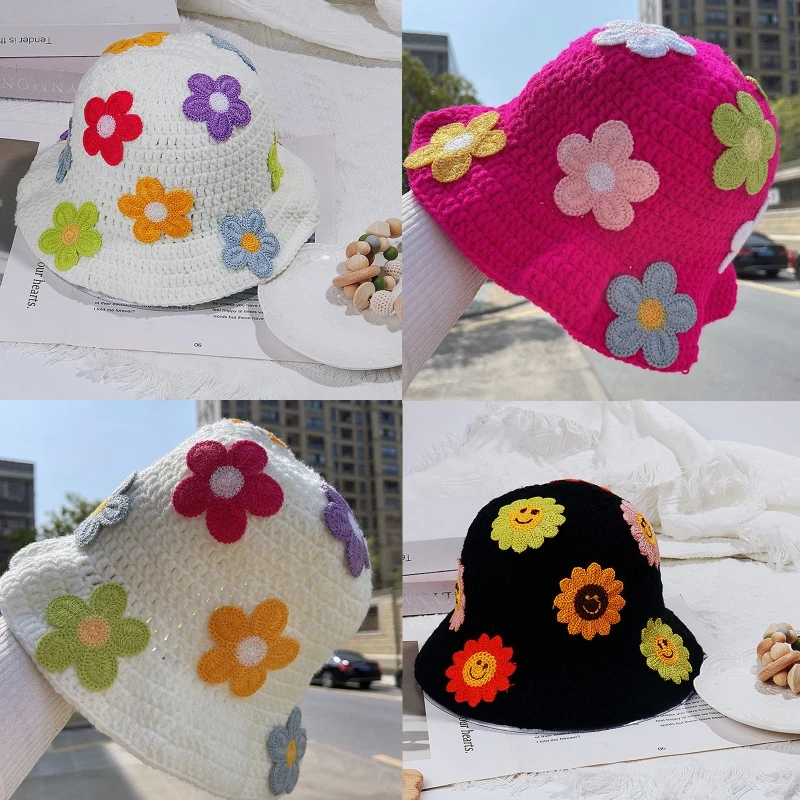 Crochet Floral Crochet Bucket Hat Multi-Color Flower Decor Wide Brim Bucket Hat Skin-friendly Breathable Fisherman N58F