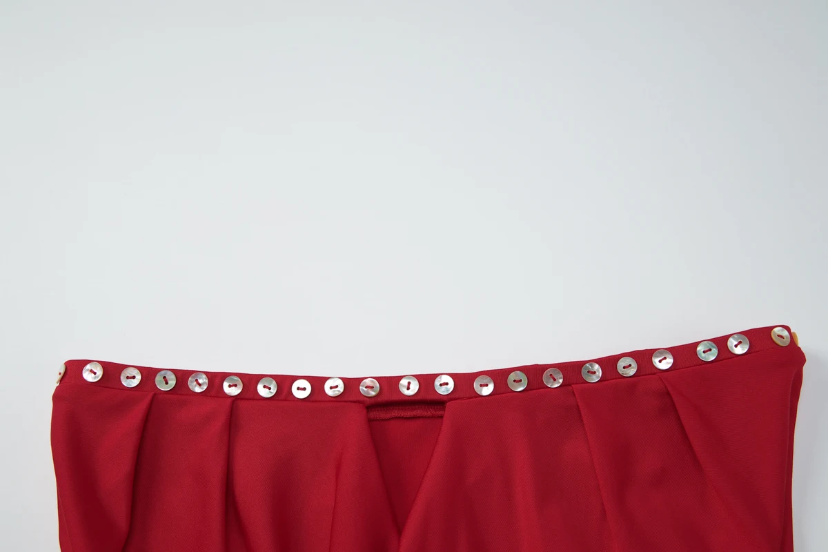 Hugcitar Fashion 2-teiliges Set, trägerlos, einfarbig, mit Knöpfen, Dekoration, sexy Crop-Tank-Top, Rock, Sommer-Outfit für Damen, Strandurlaub – Detail 5