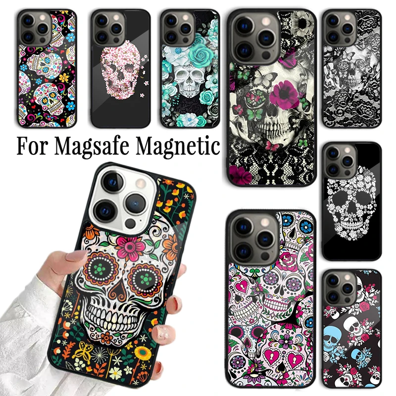 

Чехол для телефона Coque для iPhone 16, 15, 14, 13, 12, 11 Pro Max Plus Magsafe, магнитный чехол для беспроводной зарядки, ретро-узор, цветок, череп
