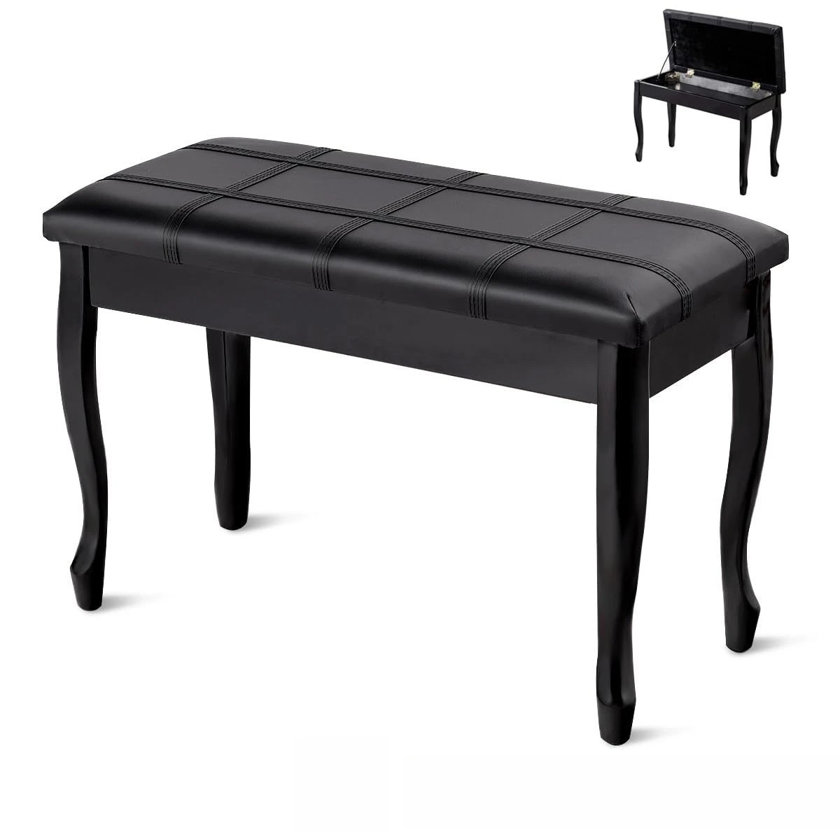Piano Stool Double Solid Wood Book Box Piano Stool Curved Legs with Soft Surface