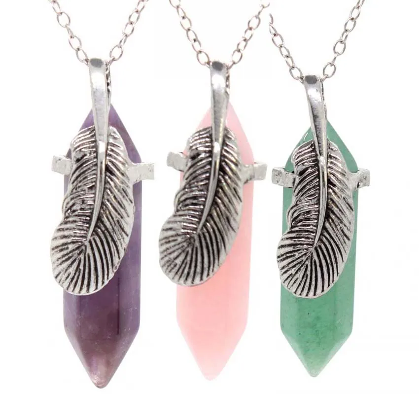 KFT Natural Healing Crystal Quartz Feather Wrapped Hexagon Prism Amethyst Green Aventurine Tiger Eye Stone Pendant Necklace