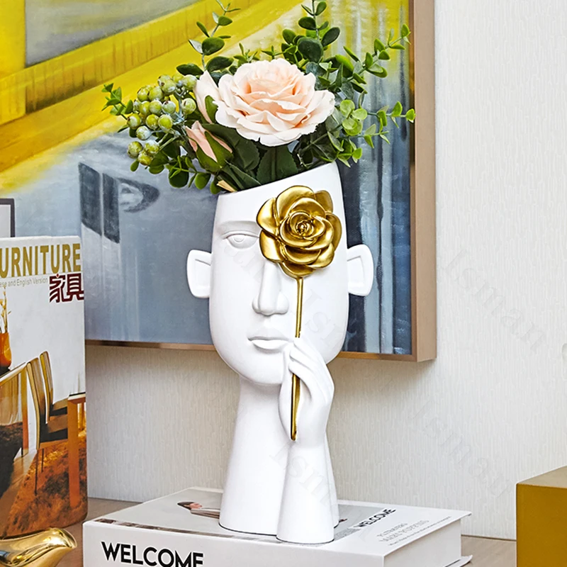 Creative Rose Face Vase Resin Crafts Ornaments Nordic Home Desktop Flower Arrangement Vase Living Room Decoration Accessories