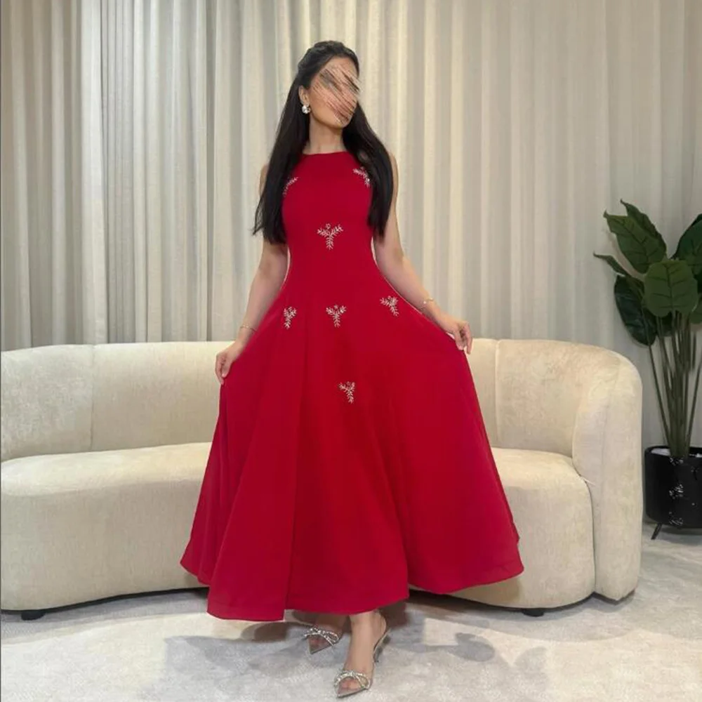 

Customized Red A-Line Prom Dresses Ankle-Length O-Neck Sleeveless Evening Dresses Simple Draped Fashion Sequined Bow Lace-Up