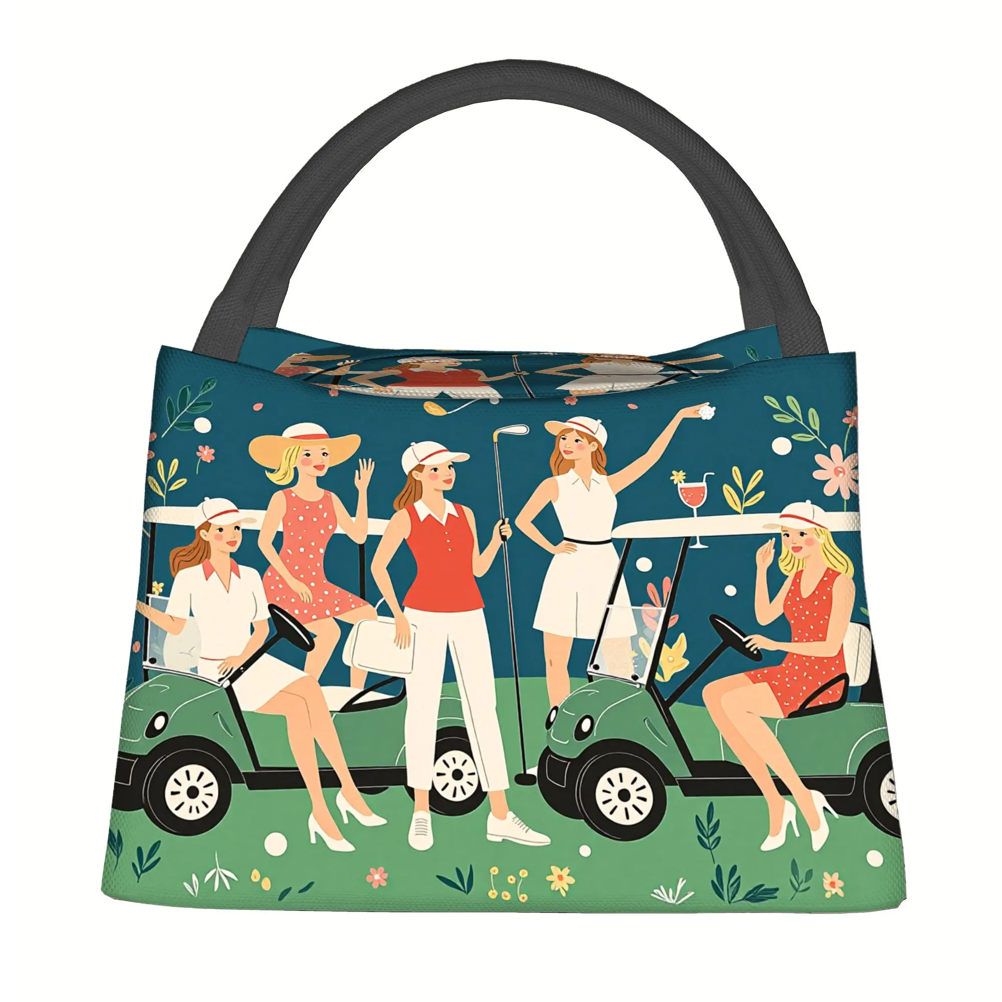 1pc Thermal Bag Featuring Women Golfers with Carts and Beverages Insulated Bag Is Not Intended for Food Contact Lunch