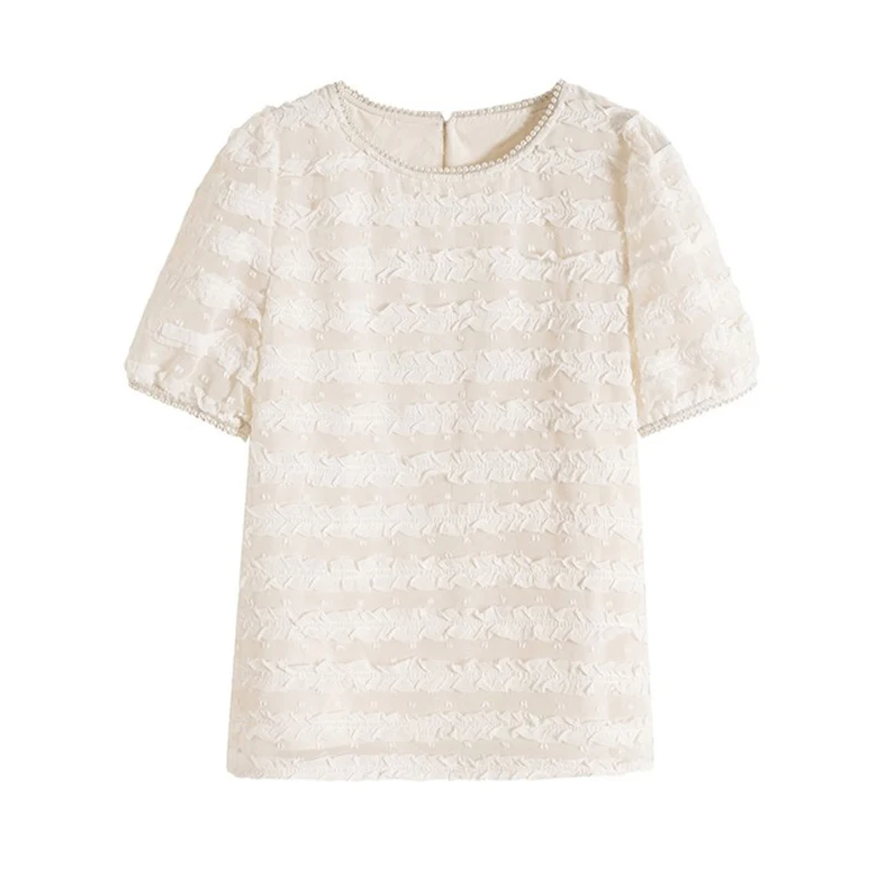 Faionable Summer irt Camicetta rotonda da donna in chiffon Ne Bubble Sve con ricamo pesante in pizzo con perline di diamanti per pendolari...