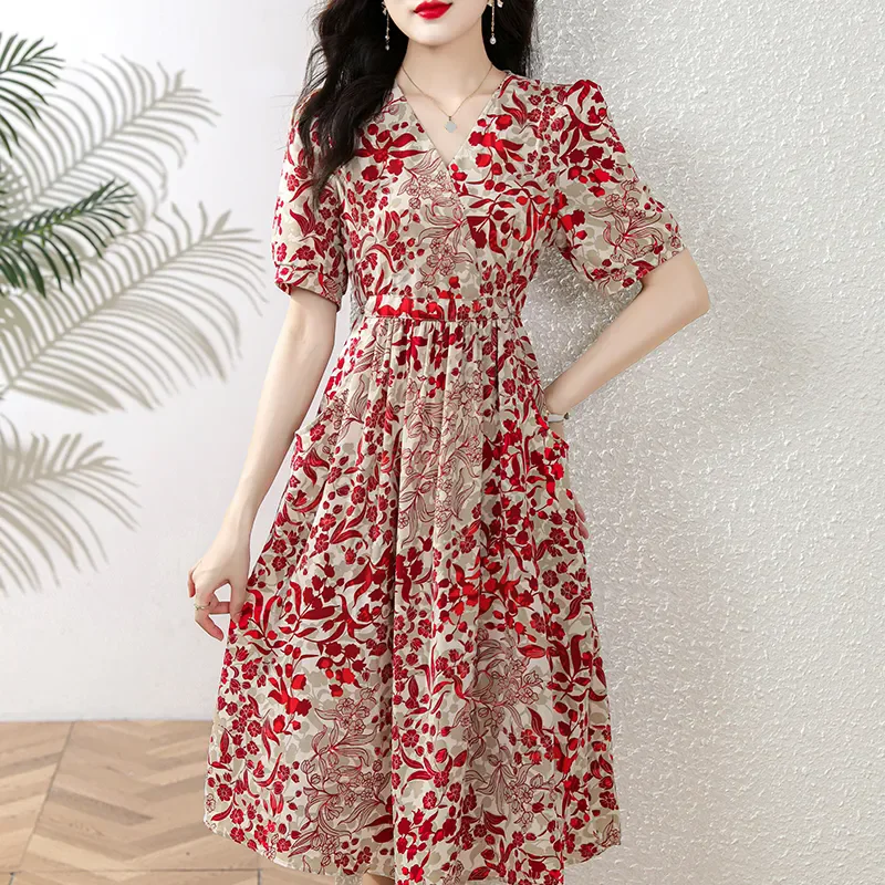 

Elegant V-Neck Printed Folds Party Dress Women's Clothing 2025 Summer New Loose Office Lady Floral Dress