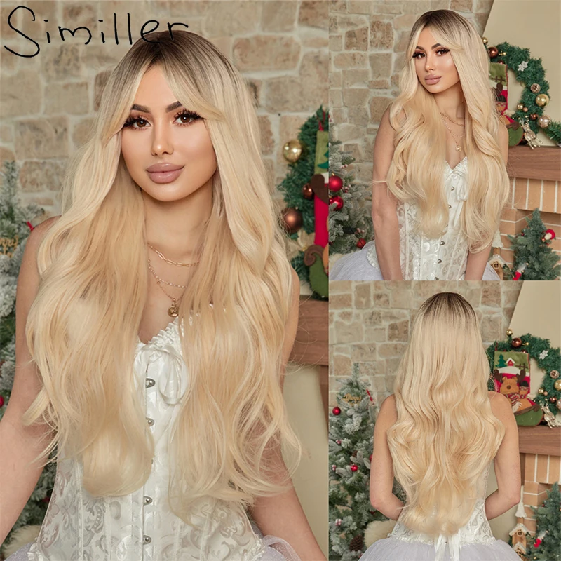 

Similler Synthetic Long Big Wavy Wigs Central Part Dark Root Blonde Hair Ombre Wig for Women