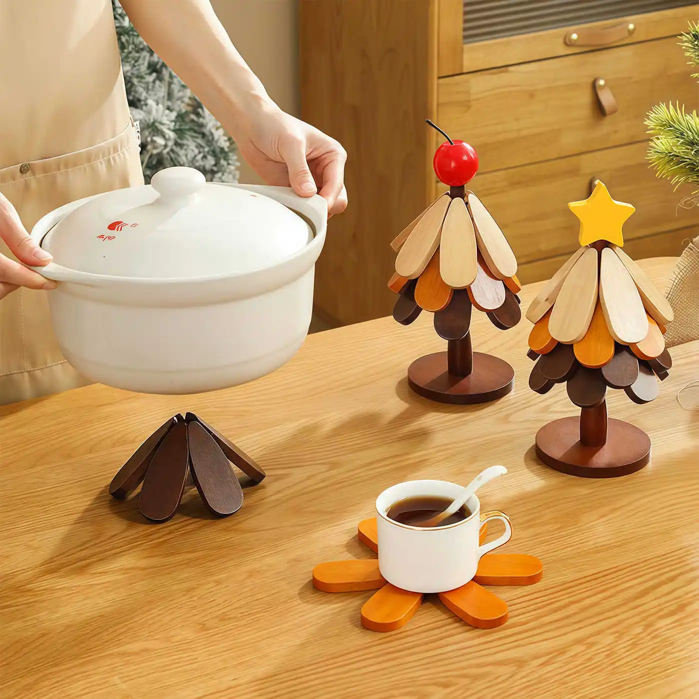 Creative Single Tree Solid Wood Heat-Resistant Pot Mat, Foldable Coaster, and Bowl Mat