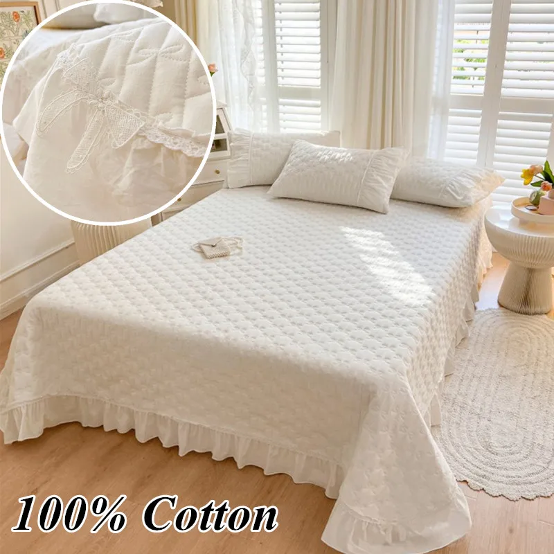 Bonenjoy 100% Cotton Bedspread 245x250cm Home Bed Cover Thicken Bedsheet Ruffles Mattress Protector cubre cama (No Pillowcase)