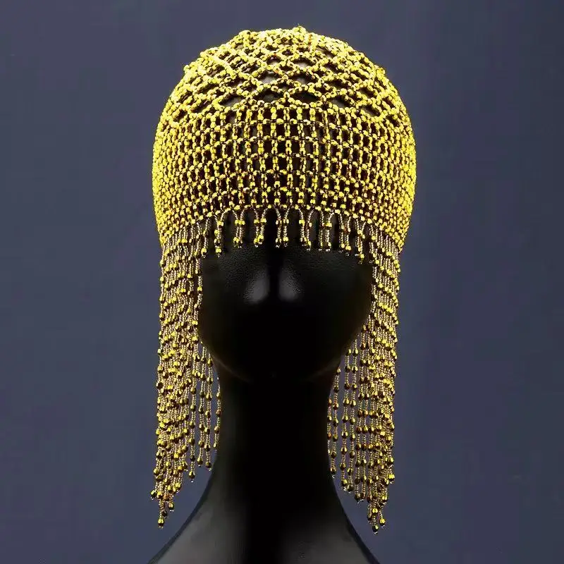 

Fashion Style Belly Dance Hat Performance Hair Accessories Pure Handmade Beaded Bridal Accessories Long Tassel Headdress