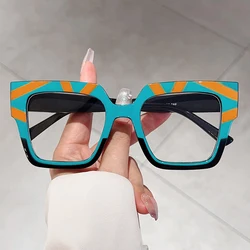 KAMMPT Oversized Square Glasses Women Fashion Vintage Patchwork Blue Light Blocking Eyeglasses Stylish Non-prescription Eyewear