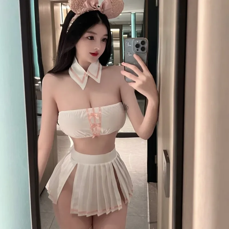 

Erotic lingerie Bra cut out butterfly knot dew back slit pleated skirt uniform set temptation sexy costume woman Women pajama