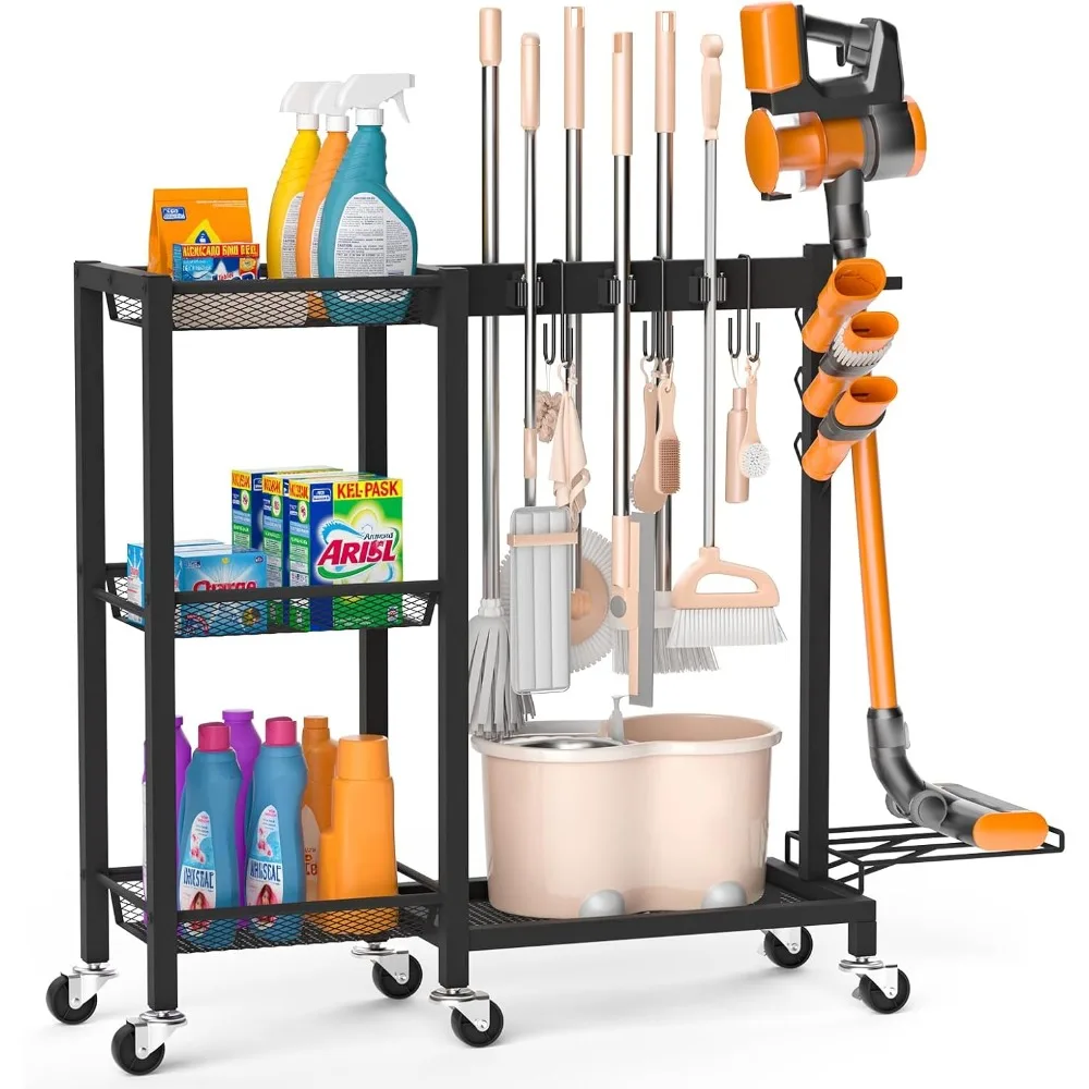 

Cleaning Supplies Organizer with Broom Holder Load 350 LBS Cleaning Cart with Wheels, 3-Tier Shelves, 6