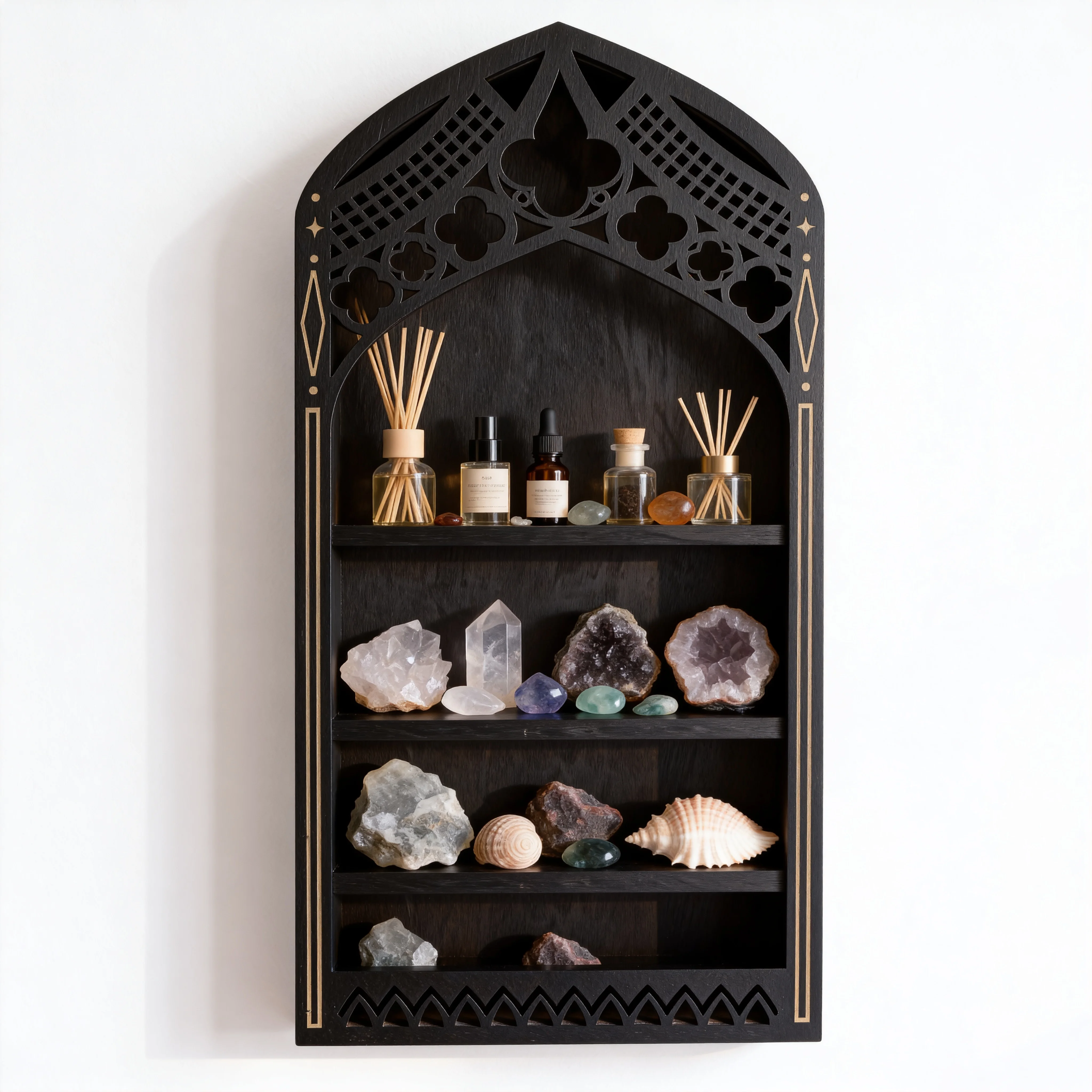 Wall Display Shelf Wood Church Window Design Stones Holder Black Wooden Shelf for Wall for Office Gothic Room Decoration