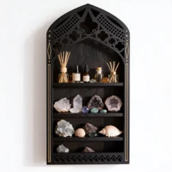Wall Display Shelf Wood Church Window Design Stones Holder Black Wooden Shelf for Wall for Office Gothic Room Decoration