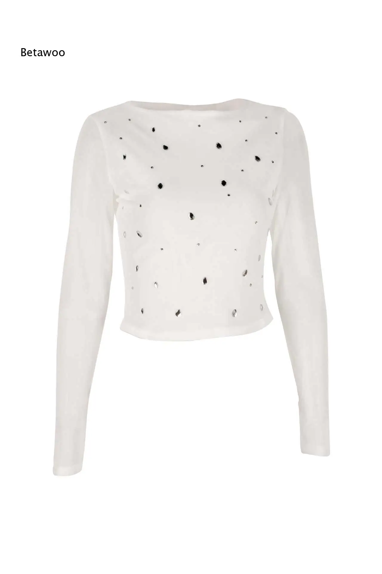 Form Fitting Rhinestone Mesh Long Sleeve Crop Top