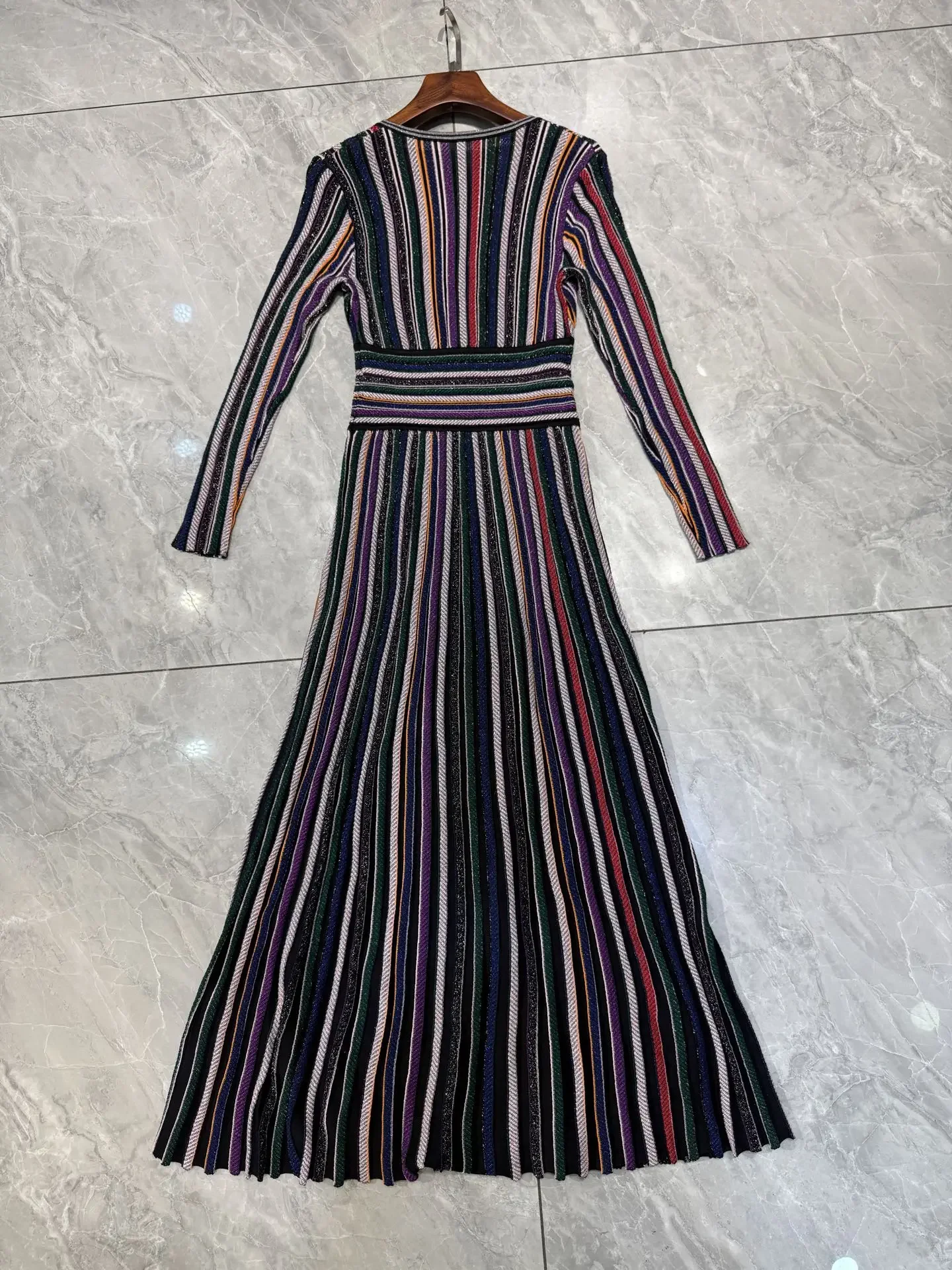 2 cores feminino metálico lantejoulas listrado robe cintura elástica com decote em v manga longa vintage senhoras vestido maxi de malha