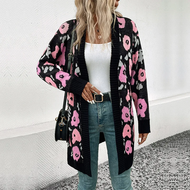 2023 Autumn and Winter Women\'s Cardigan Long Sleeve Solid Printing Flower Patchwork Loose Fashion Casual Long Sweater Knit Tops