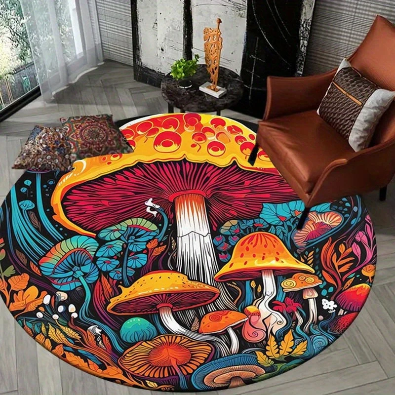 VIKAMA Psychedelic Mushroom Round Area Rug Colorful Boho Non Slip Floor Mat for Living Room Bedroom Home Decor Rug