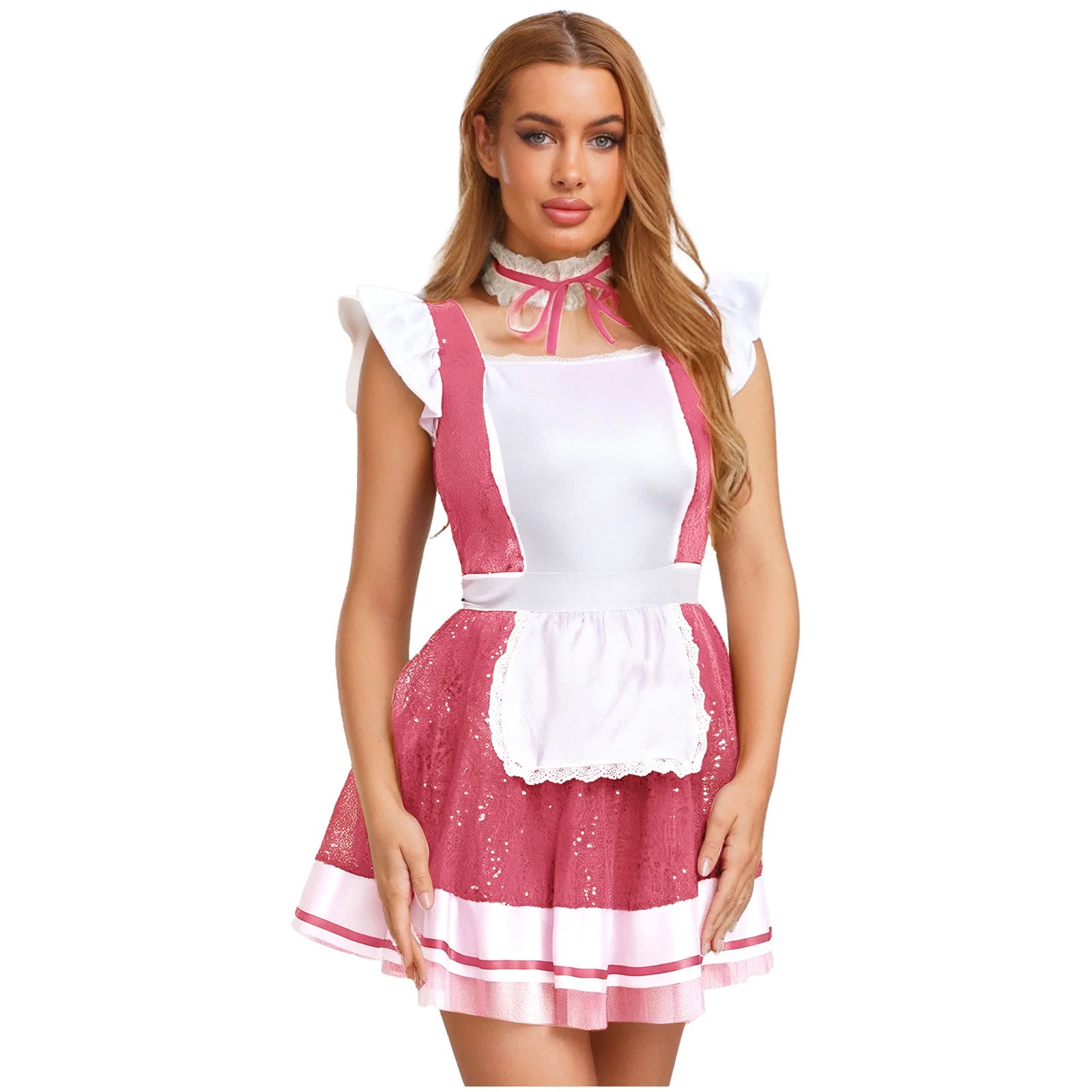 فستان نسائي للهالوين للخادمة التأثيرية وقلادة بأكمام طويلة مزين بالدانتيل ومئزر لامع ترتر تول فستان داخلي للملهى الليلي #2