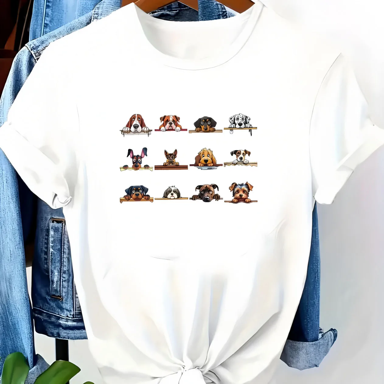 Women's T-Shirt Cute Peeking Puppy Dog Print Short Sleeve O-Neck Casual Tops Fashion Cartoon Animal Tees Summer Streetwear