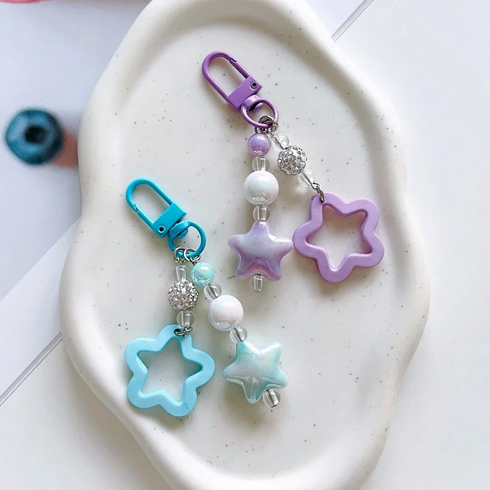 Gradient Color Star Beaded Keychain Imitation Pearl Acrylic Hollow Pentagram Keyring Girls Earphone Case Phone Decor Ornaments image 2