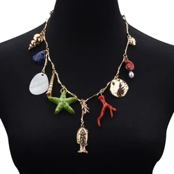 2024 New ZA Boho Ethnic Multi Charms Pendants Women Indian Vintage Statement Metal Sea Conch Shell Fish Seastar Necklace Pendant